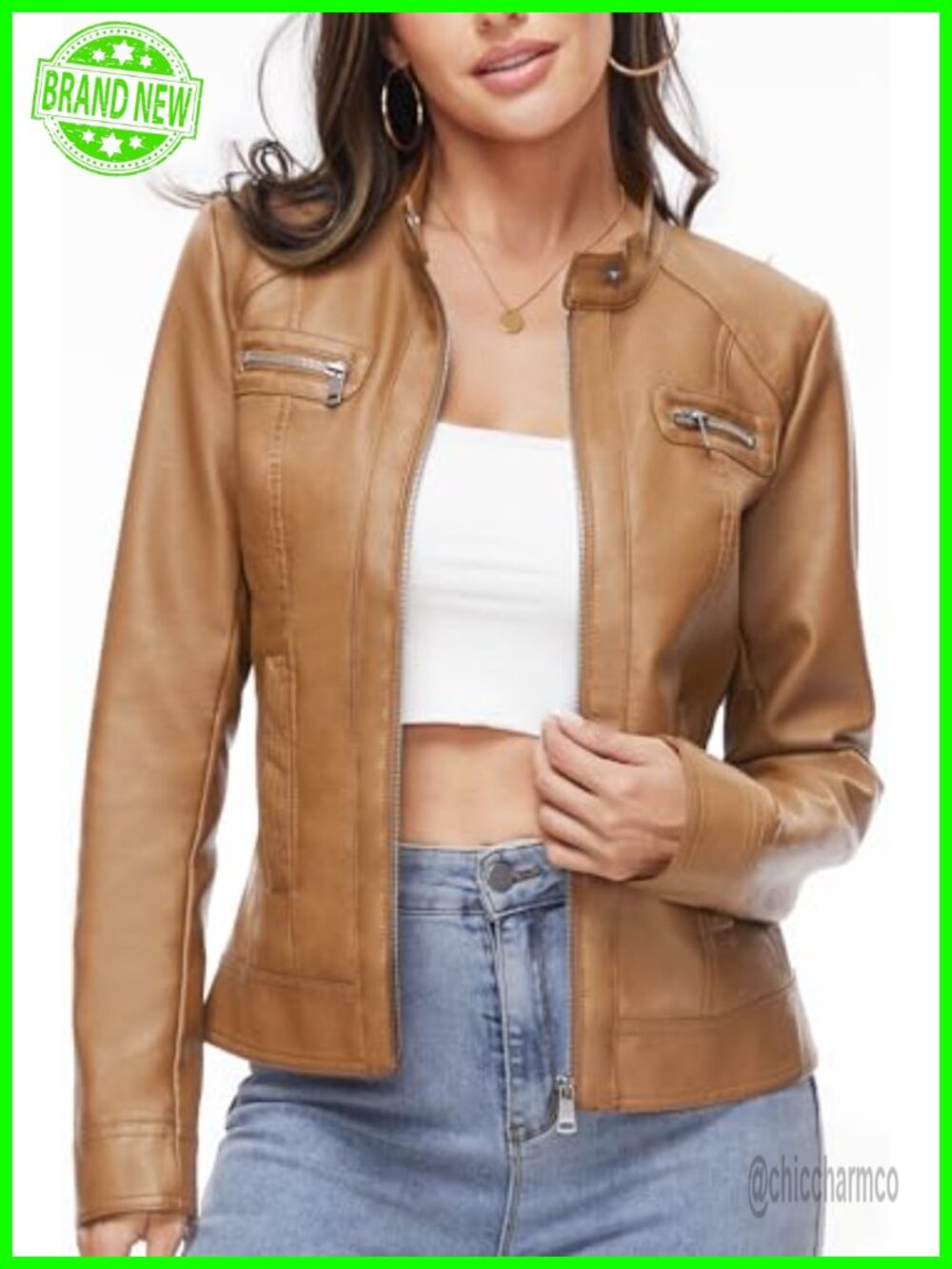 Faux Leather Motorcycle Jacket for Women Zip Up Moto Biker Outwear